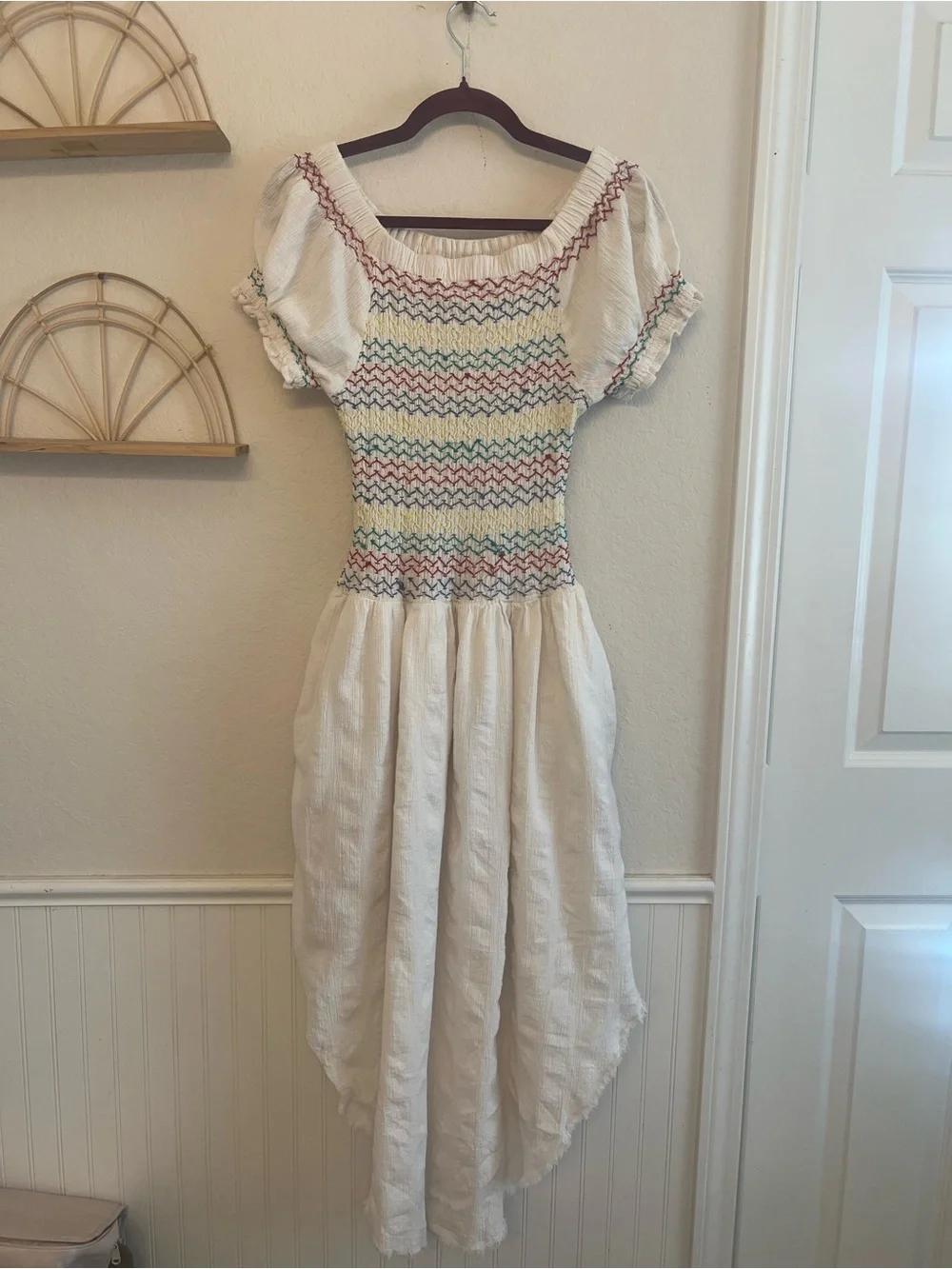 Free People Embroidered Smocked Handkerchief Midi Dress Ivory L